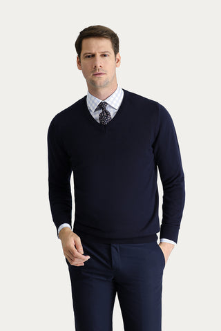 Koyu Lacivert V Yaka Regular Fit Pamuklu Triko Kazak