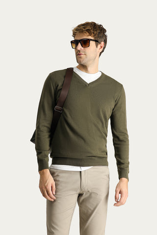 Orta Haki V Yaka Regular Fit Pamuklu Triko Kazak
