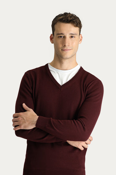 Koyu Bordo V Yaka Regular Fit Pamuklu Triko Kazak