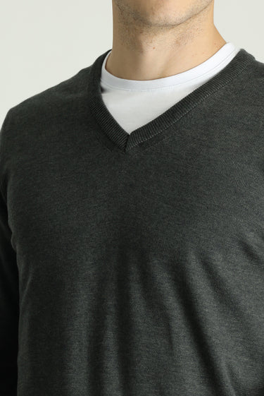 Koyu Antrasit Melanj V Yaka Regular Fit Pamuklu Triko Kazak
