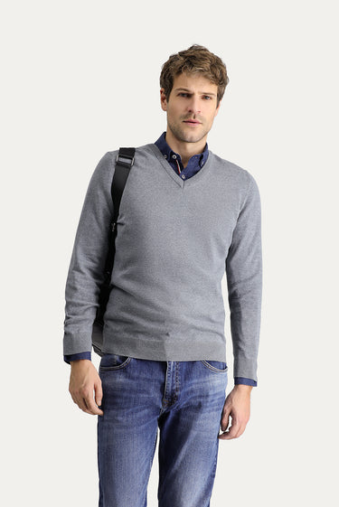 Orta Gri Melanj V Yaka Slim Fit Dar Kesim Pamuklu Triko Kazak