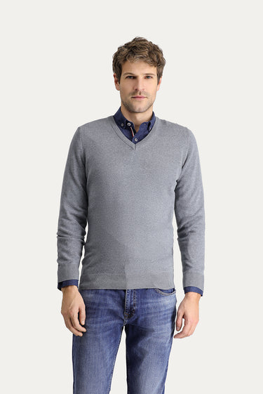 Orta Gri Melanj V Yaka Slim Fit Dar Kesim Pamuklu Triko Kazak