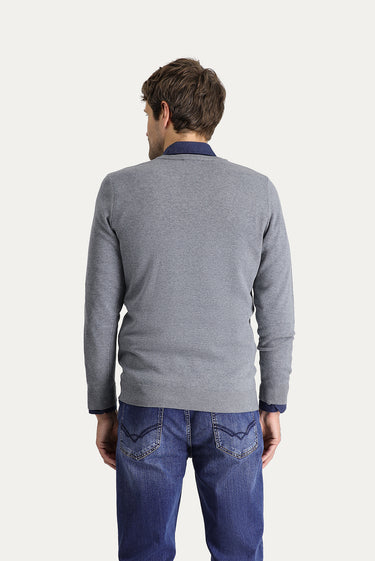 Orta Gri Melanj V Yaka Slim Fit Dar Kesim Pamuklu Triko Kazak