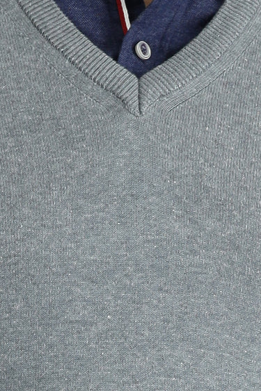 Orta Gri Melanj V Yaka Slim Fit Dar Kesim Pamuklu Triko Kazak