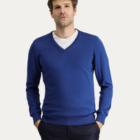 Indigo V-Neck Slim Fit Narrow Cut Cotton Knit Sweater