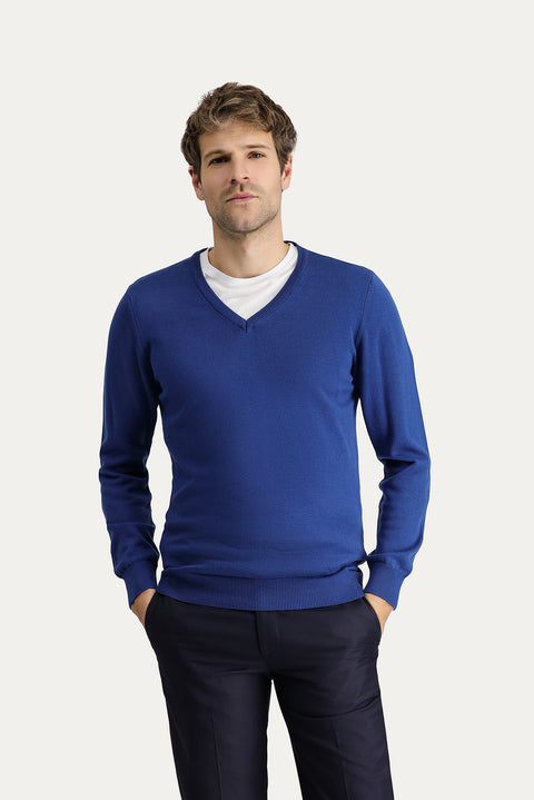 Indigo V-Neck Slim Fit Narrow Cut Cotton Knit Sweater