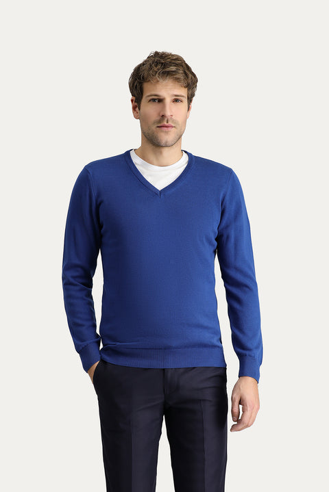 Indigo V-Neck Slim Fit Narrow Cut Cotton Knit Sweater