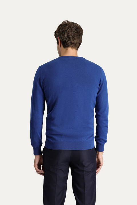 Indigo V-Neck Slim Fit Narrow Cut Cotton Knit Sweater