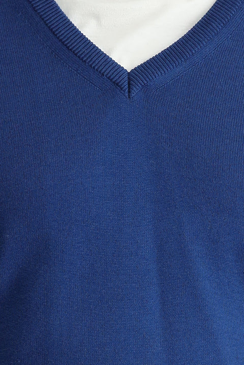 Indigo V-Neck Slim Fit Narrow Cut Cotton Knit Sweater