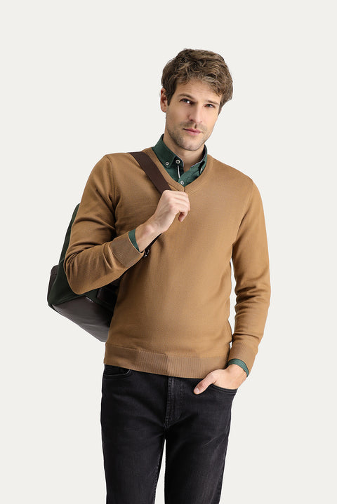 Camel V-Neck Slim Fit Narrow Cut Cotton Knit Sweater