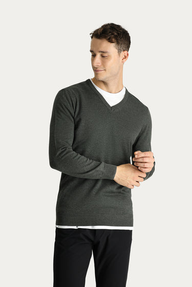 Koyu Antrasit Melanj V Yaka Slim Fit Dar Kesim Pamuklu Triko Kazak