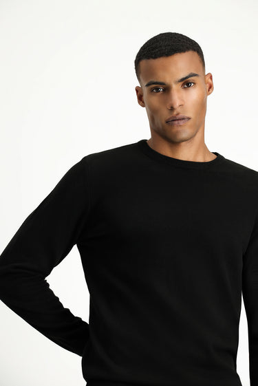 Siyah Bisiklet Yaka Regular Fit Pamuklu Triko Kazak