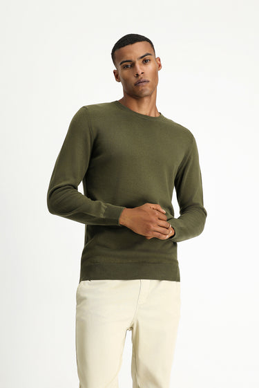 Orta Haki Bisiklet Yaka Regular Fit Pamuklu Triko Kazak