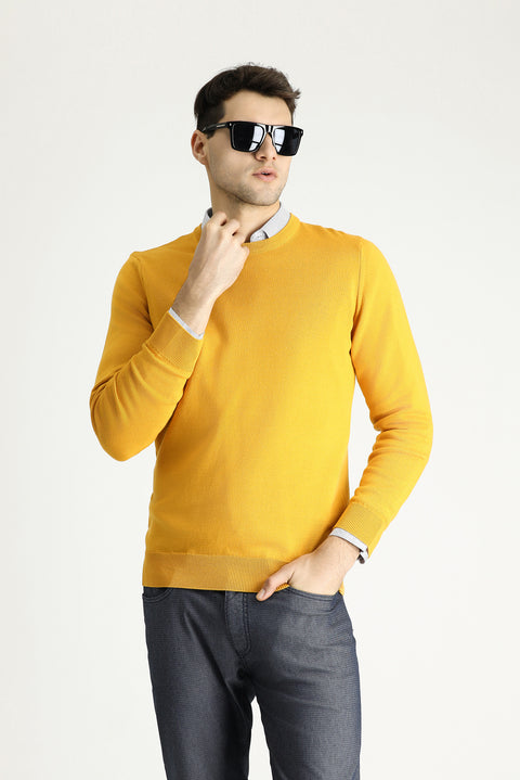 Mustard Yellow Crew Neck Regular Fit Cotton Knit Sweater