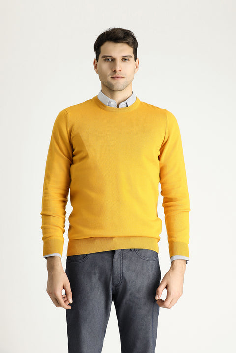 Mustard Yellow Crew Neck Regular Fit Cotton Knit Sweater