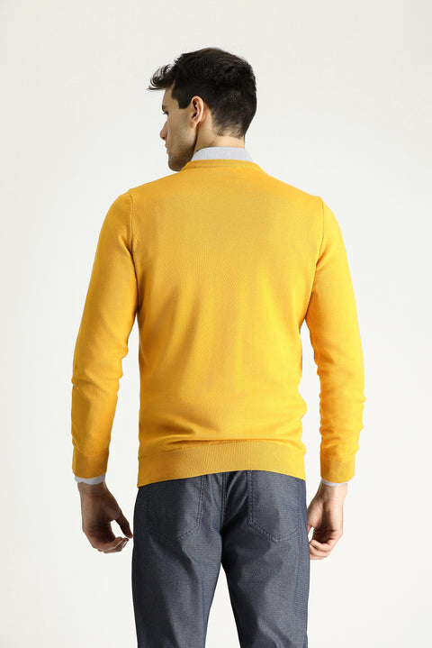 Mustard Yellow Crew Neck Regular Fit Cotton Knit Sweater