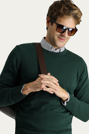 Orman Yeşili Bisiklet Yaka Regular Fit Pamuklu Triko Kazak