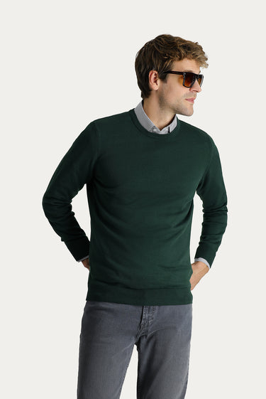 Orman Yeşili Bisiklet Yaka Regular Fit Pamuklu Triko Kazak