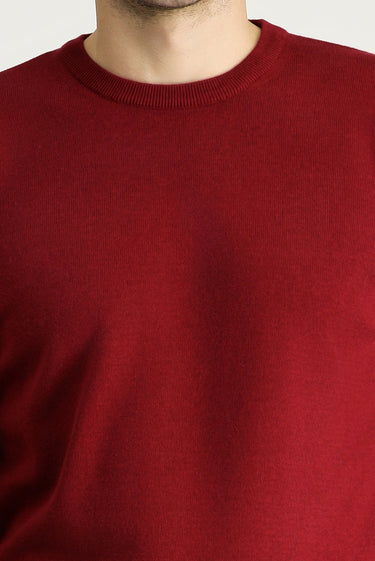 Koyu Kırmızı Bisiklet Yaka Regular Fit Pamuklu Triko Kazak