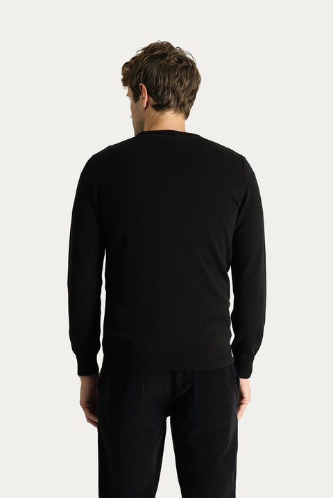 Siyah Bisiklet Yaka Slim Fit Dar Kesim Pamuklu Triko Kazak