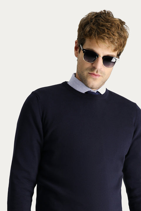 Dark Navy Crew Neck Slim Fit Narrow Cut Cotton Knit Sweater