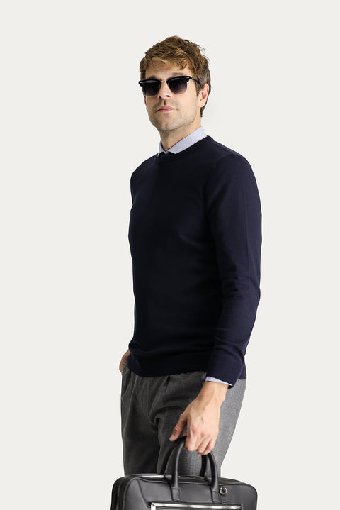 Dark Navy Crew Neck Slim Fit Narrow Cut Cotton Knit Sweater