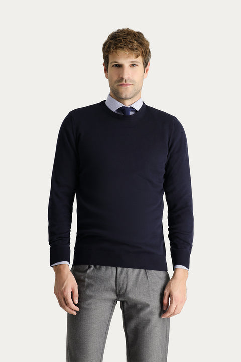 Dark Navy Crew Neck Slim Fit Narrow Cut Cotton Knit Sweater