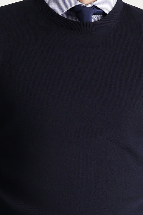 Dark Navy Crew Neck Slim Fit Narrow Cut Cotton Knit Sweater