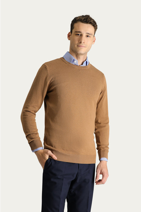 Camel Crew Neck Slim Fit Narrow Cut Cotton Knit Sweater