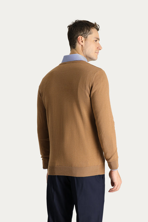 Camel Crew Neck Slim Fit Narrow Cut Cotton Knit Sweater