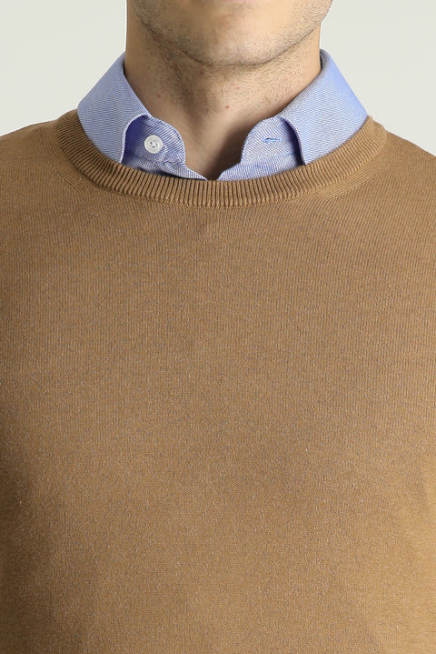 Camel Crew Neck Slim Fit Narrow Cut Cotton Knit Sweater