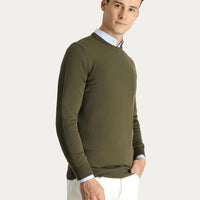 Medium Khaki Crew Neck Slim Fit Narrow Cut Cotton Knit Sweater