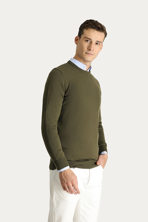 Medium Khaki Crew Neck Slim Fit Narrow Cut Cotton Knit Sweater