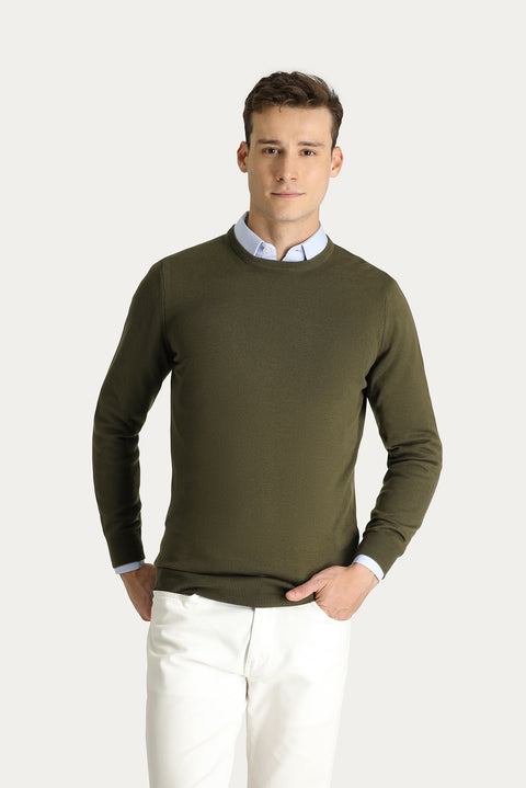 Medium Khaki Crew Neck Slim Fit Narrow Cut Cotton Knit Sweater