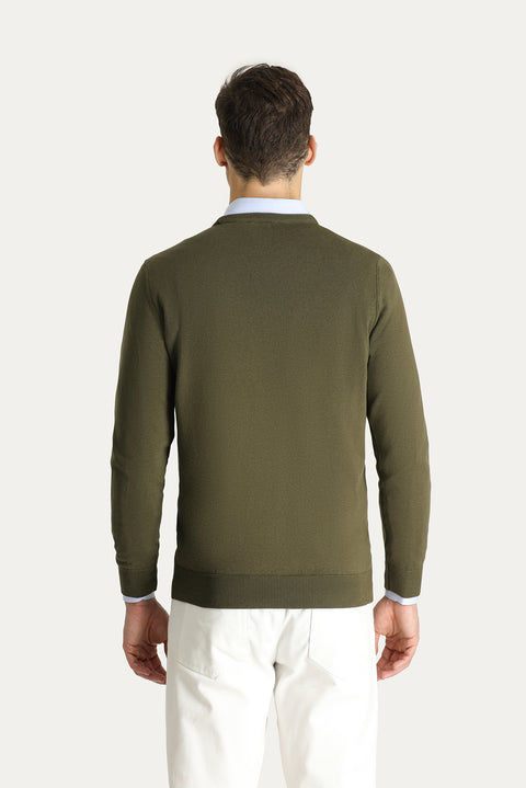 Medium Khaki Crew Neck Slim Fit Narrow Cut Cotton Knit Sweater