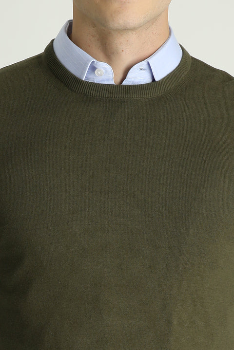 Medium Khaki Crew Neck Slim Fit Narrow Cut Cotton Knit Sweater