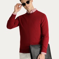 Dark Red Crew Neck Slim Fit Narrow Cut Cotton Knit Sweater