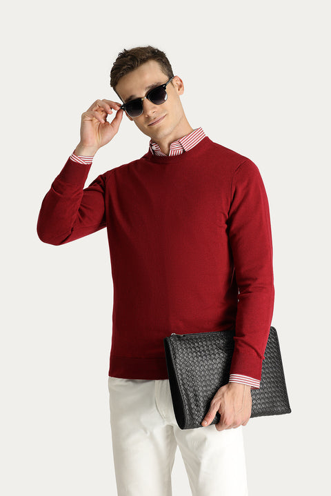 Dark Red Crew Neck Slim Fit Narrow Cut Cotton Knit Sweater