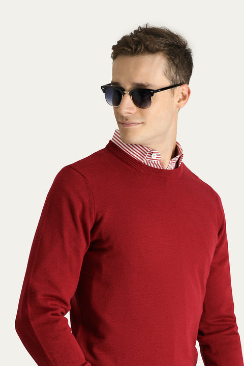 Dark Red Crew Neck Slim Fit Narrow Cut Cotton Knit Sweater