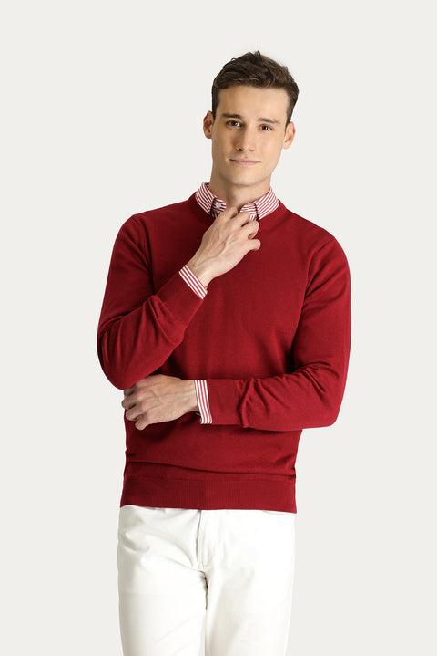 Dark Red Crew Neck Slim Fit Narrow Cut Cotton Knit Sweater