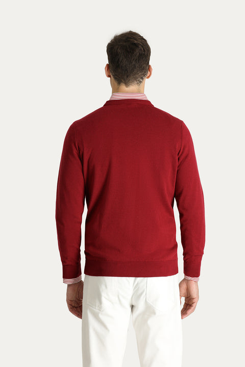 Dark Red Crew Neck Slim Fit Narrow Cut Cotton Knit Sweater