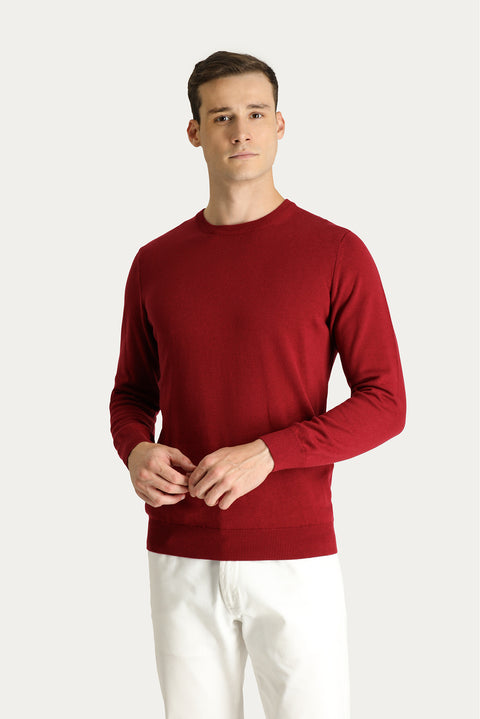 Dark Red Crew Neck Slim Fit Narrow Cut Cotton Knit Sweater