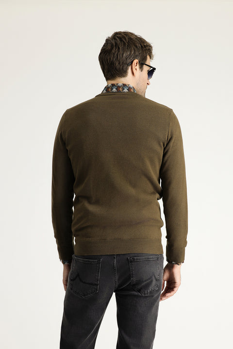 Koyu Vizon Bisiklet Yaka Slim Fit Dar Kesim Pamuklu Triko Kazak