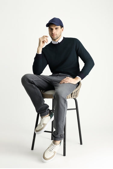 Koyu Lacivert Bisiklet Yaka Slim Fit Dar Kesim Desenli Triko Kazak