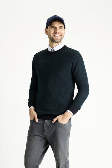 Koyu Lacivert Bisiklet Yaka Slim Fit Dar Kesim Desenli Triko Kazak