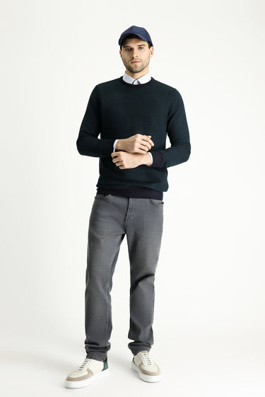 Koyu Lacivert Bisiklet Yaka Slim Fit Dar Kesim Desenli Triko Kazak