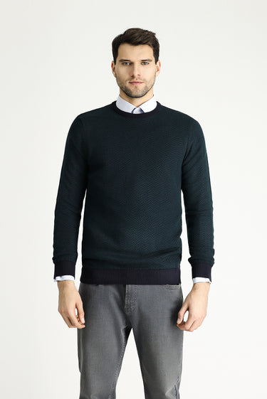 Koyu Lacivert Bisiklet Yaka Slim Fit Dar Kesim Desenli Triko Kazak