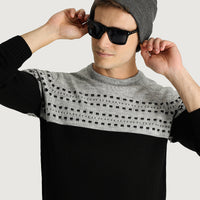 Siyah Bisiklet Yaka Slim Fit Dar Kesim Desenli Triko Kazak