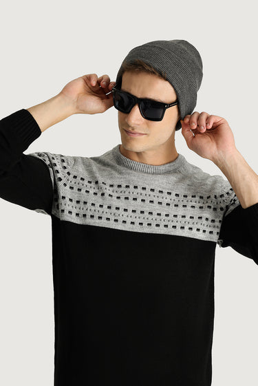 Siyah Bisiklet Yaka Slim Fit Dar Kesim Desenli Triko Kazak