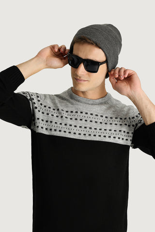 Siyah Bisiklet Yaka Slim Fit Desenli Triko Kazak